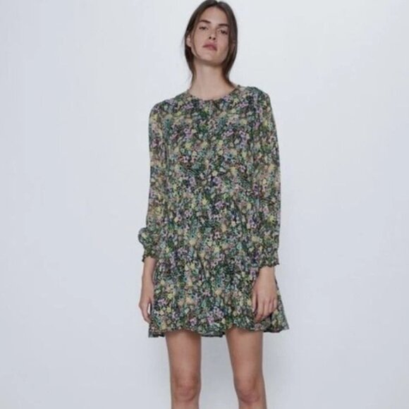 NWT Zara Floral Chiffon Dress - Size XS - Picture 1 of 6